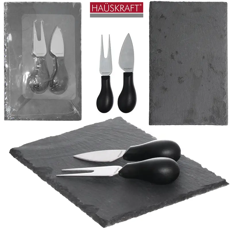 CONJUNTO PARA QUEIJO E FRIOS COM FACA + GARFO DE INOX E TABUA ARDOSIA MANHATTAN HAUSKRAFT