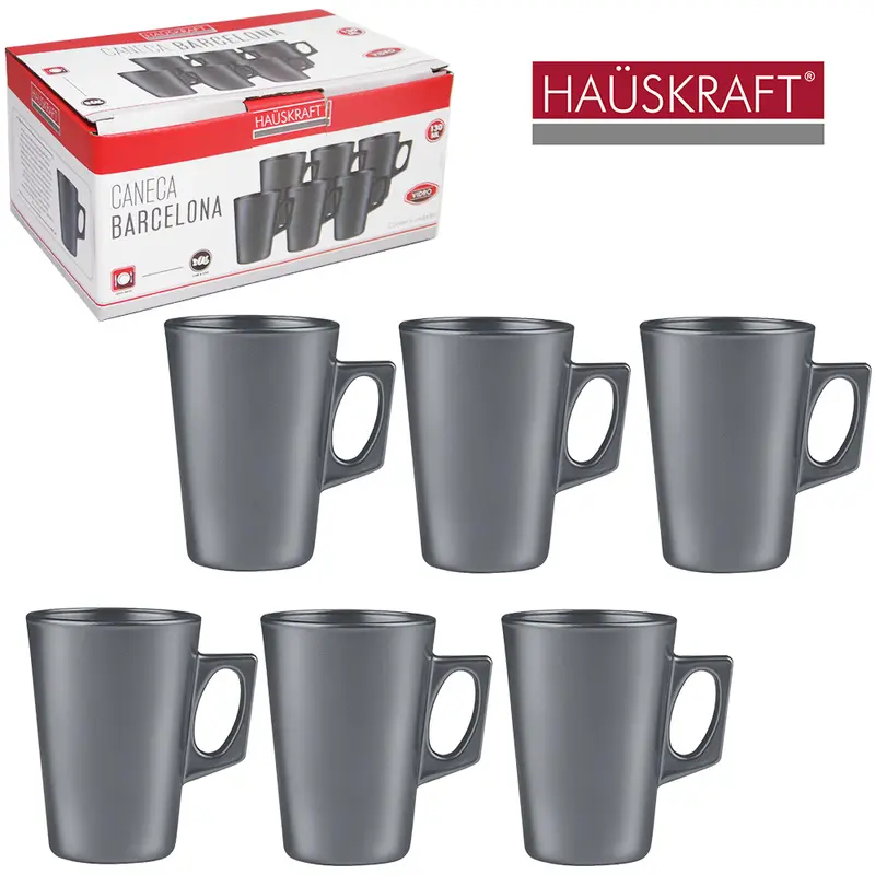 JOGO DE CANECA XICARA DE VIDRO PARA CAFE / CAPPUCCINO BARCELONA CINZA HAUSKRAFT 6 PECAS 130ML