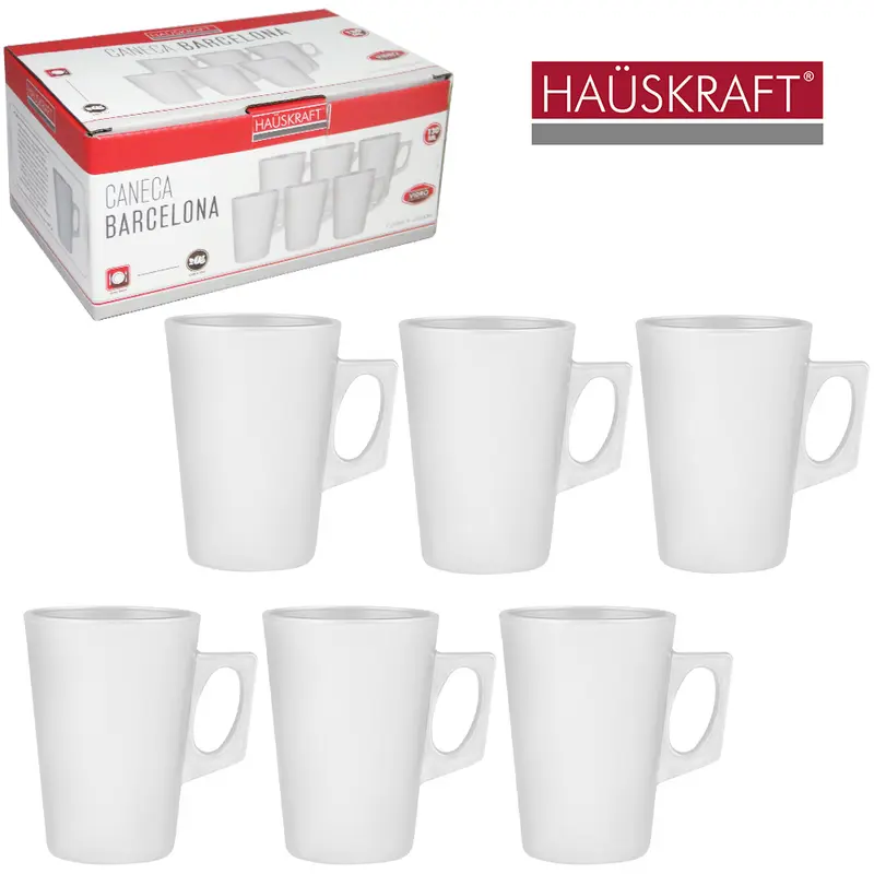 JOGO DE CANECA XICARA DE VIDRO PARA CAFE / CAPPUCCINO BARCELONA BRANCO HAUSKRAFT 6 PECAS 130ML