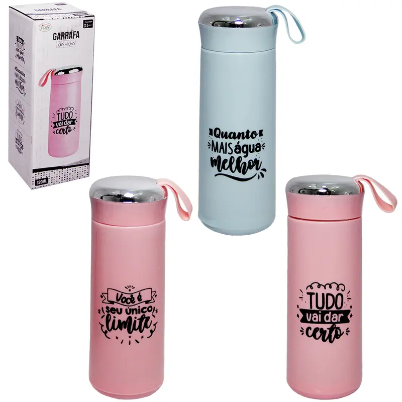 GARRAFA DE VIDRO REVESTIDO DE PLASTICO COLORS COM TAMPA DE ROSCA E ALCA FRASES 320ML