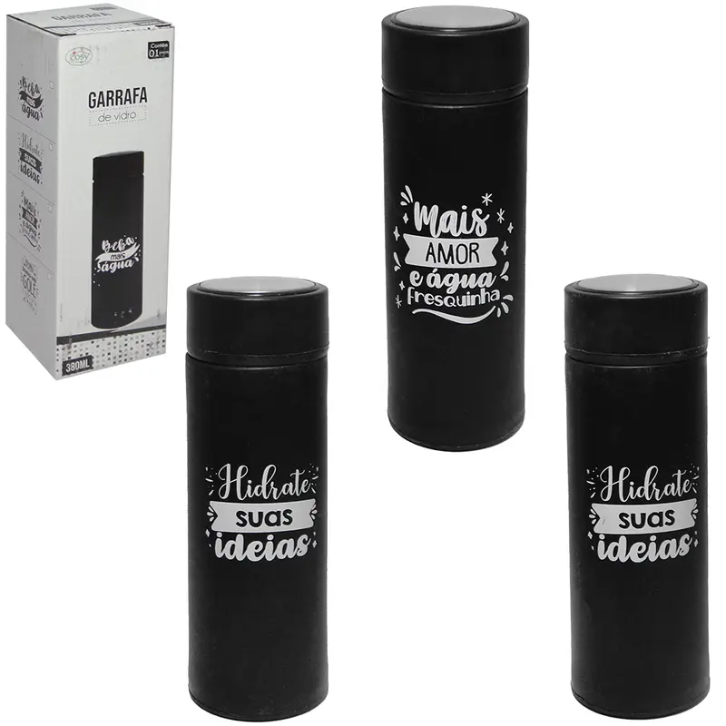 GARRAFA DE VIDRO REVESTIDO DE PLASTICO COM TAMPA DE ROSCA FRASES 380ML