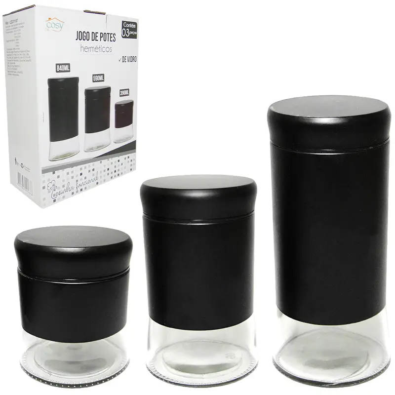 CONJUNTO DE POTE DE VIDRO / INOX REDONDO MANTIMENTOS COM TAMPA HERMETICA 3 PECAS