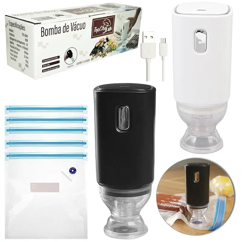 BOMBA DE SUCCAO RECARREGAVEL COM 5 SACOS A VACUO PARA ALIMENTOS + CABO USB