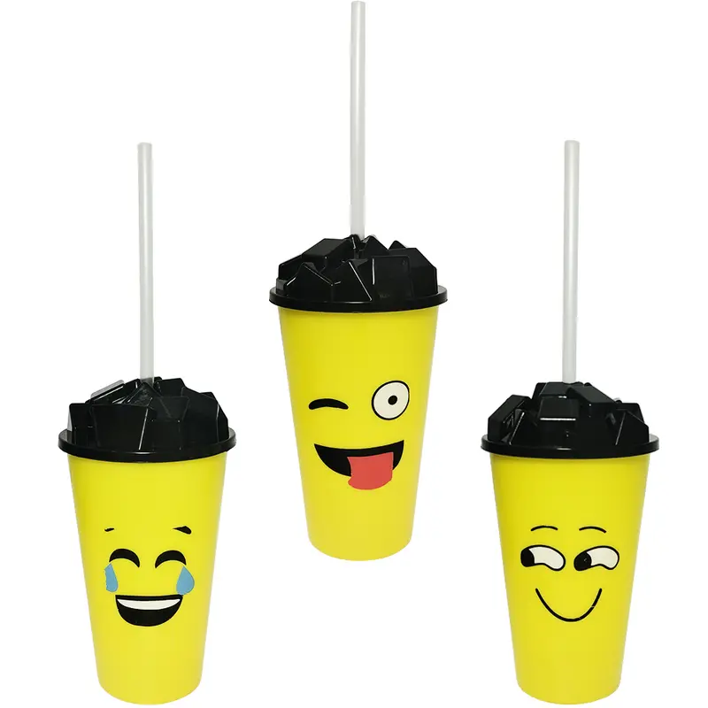 COPO COM TAMPA CUBO DE GELO E CANUDO DE PLASTICO EMOTICONS 410ML