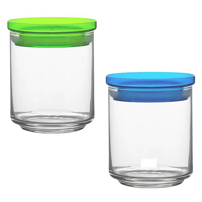 POTE DE VIDRO REDONDO EMPILHAVEL COM TAMPA HERMETICA DE ACRILICO TRANSCOLOR 650ML