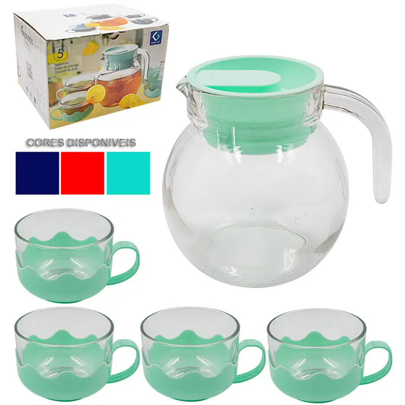 CHALEIRA DE VIDRO COM 4 XICARAS E TAMPA DE PLASTICO 800ML / 180ML