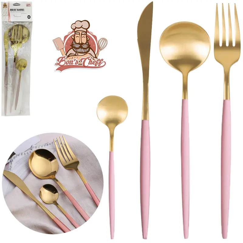 TALHER DE INOX ROSA COM DOURADO COLHER / FACA / GARFO / COLHER DE SOBREMESA 4 PECAS BONS CHEFF