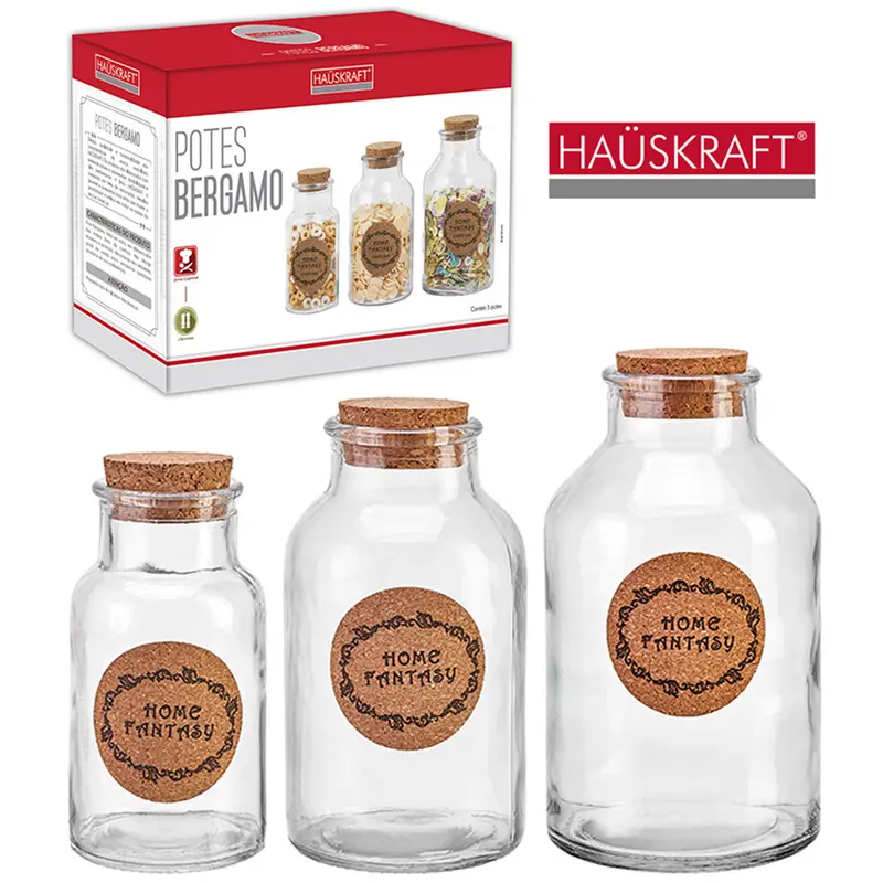 CONJUNTO DE POTE DE VIDRO REDONDO COM TAMPA CORTICA BERGAMO HAUSKRAFT 3 PECAS 750 / 540 / 280ML