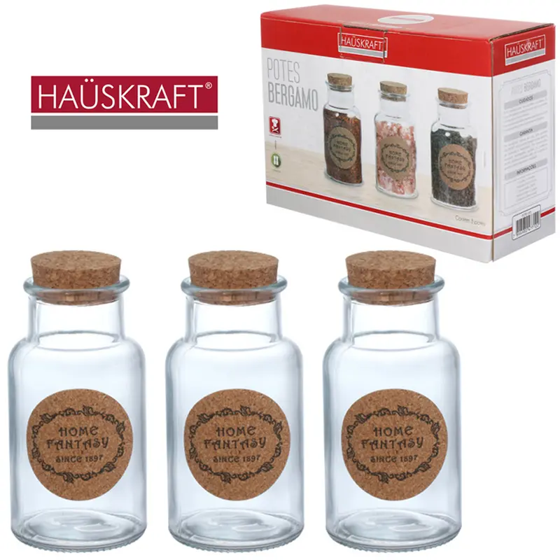 CONJUNTO DE POTE VIDRO REDONDO COM TAMPA CORTICA BERGAMO HAUSKRAFT 280ML 3 PECAS