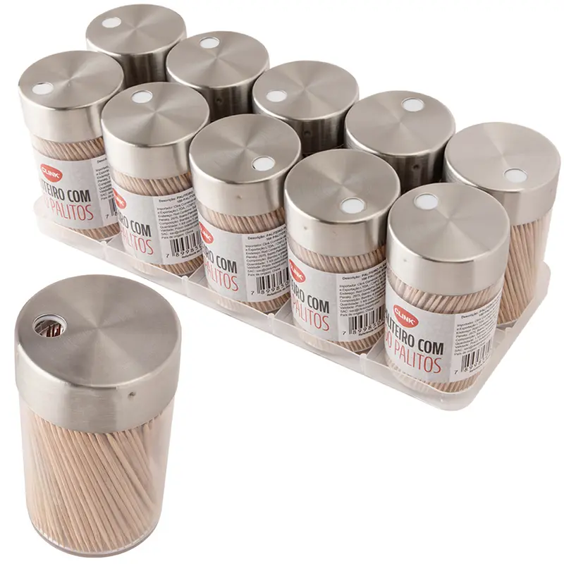 PALITEIRO DE PLASTICO COM TAMPA INOX + PALITOS DE BAMBU 8X4,5CM DE Ø