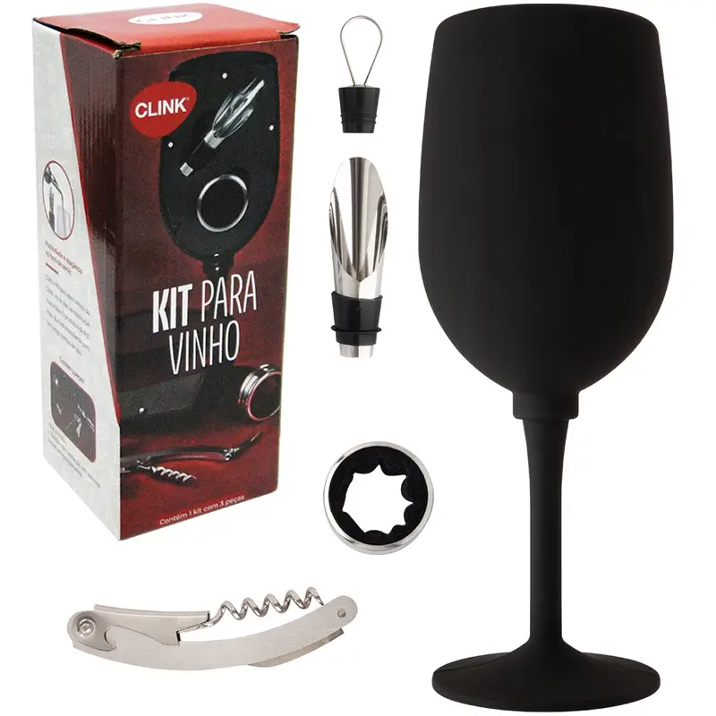 KIT PARA VINHO COM BICO DOSADOR AERADOR DE INOX TAMPA + SACA ROLHA + ANEL CORTA GOTAS ESTOJO TACA