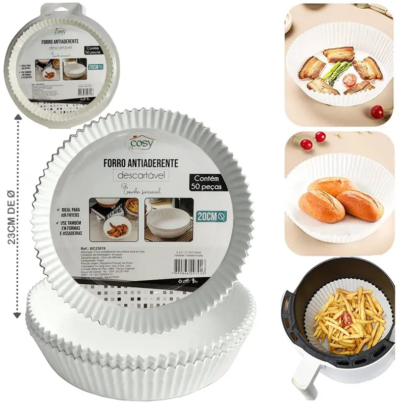FORMA DE PAPEL REDONDA DESCARTAVEL BRANCA PARA AIR FRYER / FRITADEIRA ELETRICA 50 PECAS 23/20CM DE Ø