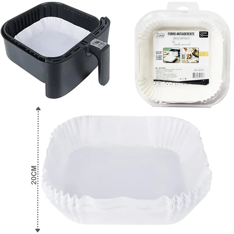 FORMA DE PAPEL QUADRADA DESCARTAVEL BRANCA PARA AIR FRYER / FRITADEIRA ELETRICA 50 PECAS 20/16CM