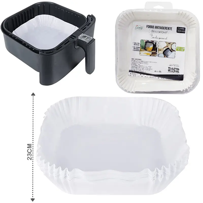 FORMA DE PAPEL QUADRADA DESCARTAVEL BRANCA PARA AIR FRYER / FRITADEIRA ELETRICA 50 PECAS 23/20CM