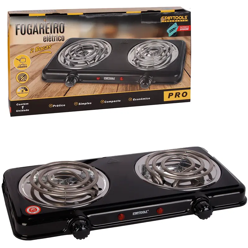 FOGAREIRO / FOGAO ELETRICO PORTATIL ESPIRAL 2 BOCAS 220V PRETO 2000W PRO
