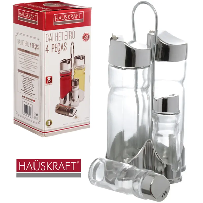 GALHETEIRO DE VIDRO COM 4 PECAS 160ML/40ML + SUPORTE ARAMADO HAUSKRAFT