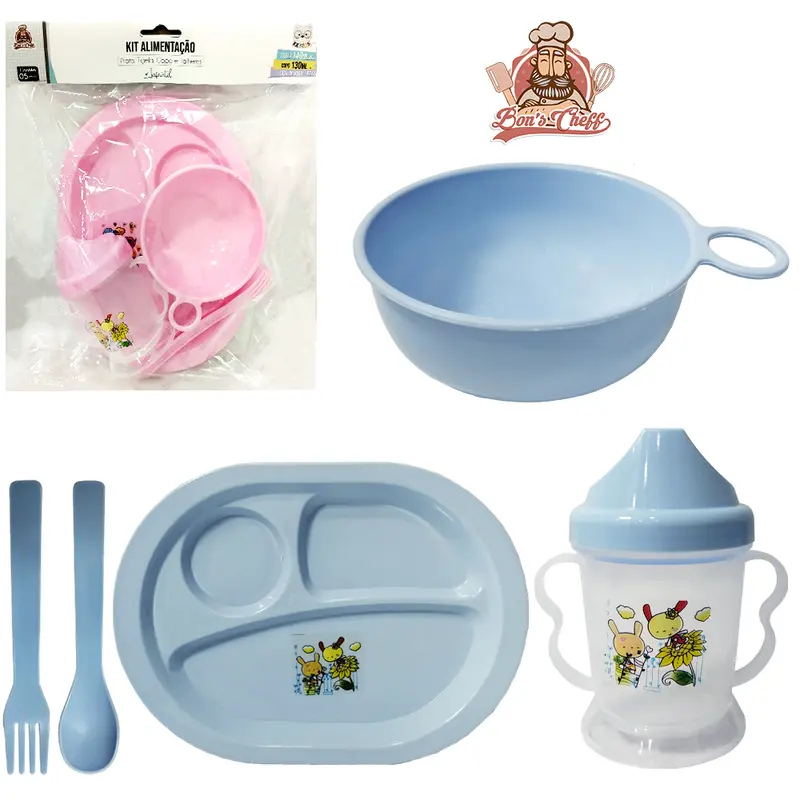 KIT ALIMENTACAO / PAPINHA PRATO + COPO BABY + TIGELA E TALHER DE PLASTICO OVAL BONS CHEFF