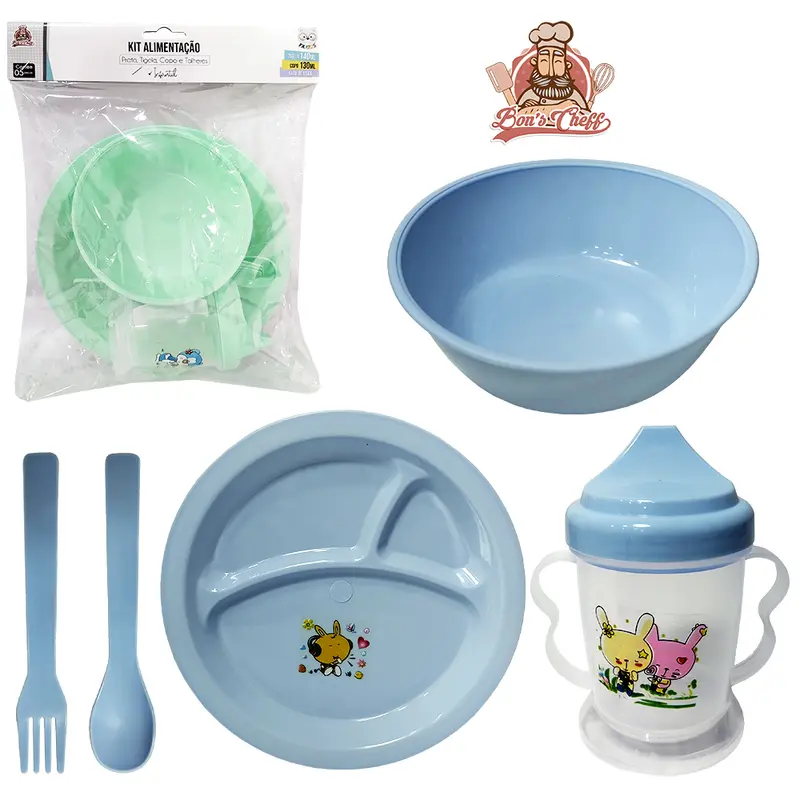 KIT ALIMENTACAO / PAPINHA PRATO + COPO BABY + TIGELA E TALHER DE PLASTICO REDONDO BONS CHEFF