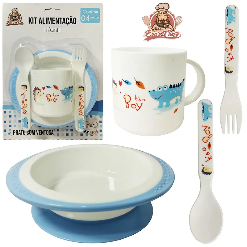 KIT ALIMENTACAO / PAPINHA PRATO COM VENTOSA + CANECA E TALHER DE PLASTICO AZUL BONS CHEFF