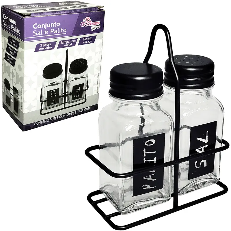 SALEIRO COM PALITEIRO DE MESA DE VIDRO COM 2 PECAS 100ML + SUPORTE ARAMADO BLACK