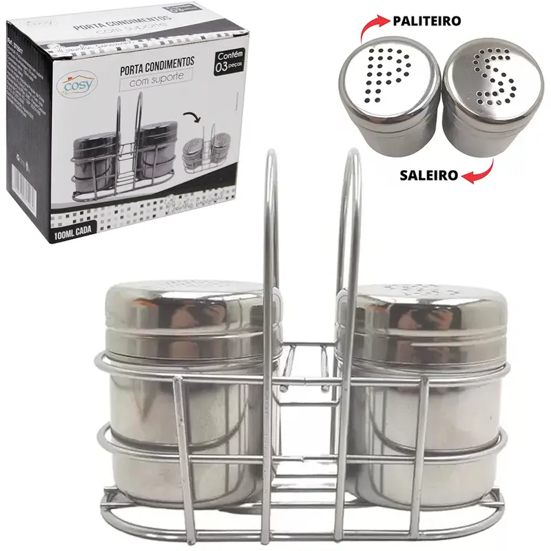 PORTA CONDIMENTO DE INOX COM 2 PECAS 100ML + SUPORTE ARAMADO CROMADO
