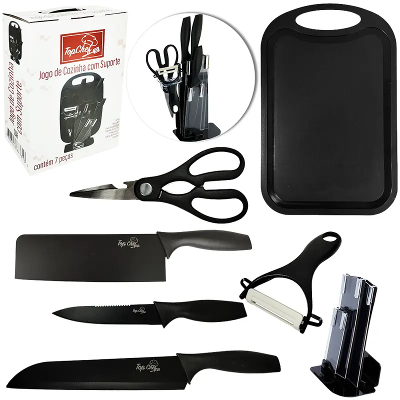 CONJUNTO DE FACA DE COZINHA DE INOX COM CORTADOR / DESCASCADOR + TABUA + TESOURA E CEPO 7 PECAS