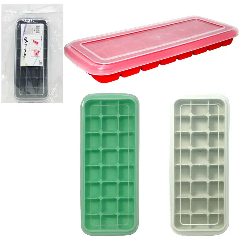 FORMA DE GELO COM 24 CAVIDADES RETANGULAR DE SILICONE COM TAMPA 24X9,5X2,5CM