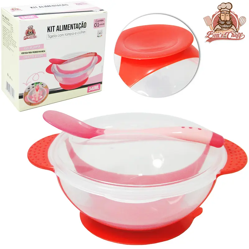 KIT ALIMENTACAO / PAPINHA TIGELA COM VENTOSA + TAMPA E COLHER PLASTICO VERMELHA BONS CHEFF
