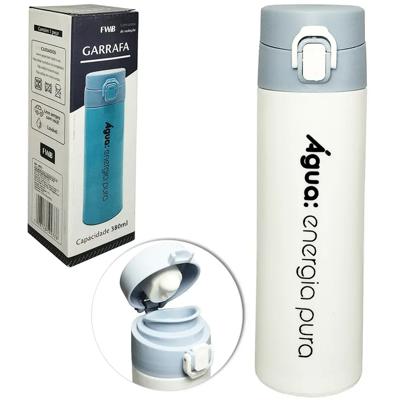 GARRAFA DE VIDRO REVESTIDO DE PLASTICO AGUA: ENERGIA PURA COM TAMPA DE ROSCA + TRAVA 380ML