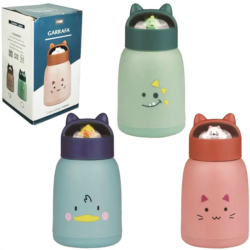 GARRAFA DE VIDRO REVESTIDO DE PLASTICO GATINHO COM TAMPA DE ROSCA + ALCA DE SILICONE 340ML