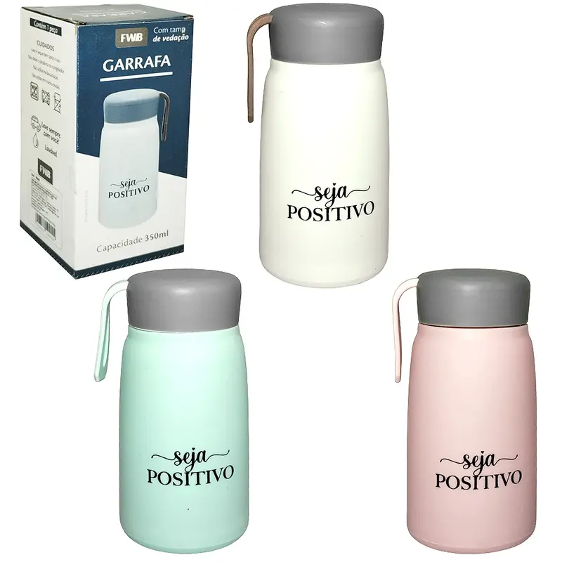 GARRAFA DE VIDRO REVESTIDO DE PLASTICO SEJA POSITIVO COM TAMPA DE ROSCA + ALCA SILICONE 350ML