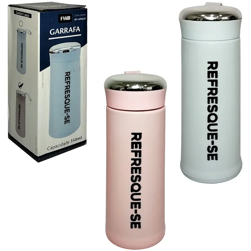 GARRAFA DE VIDRO REVESTIDO DE PLASTICO REFRESQUE-SE COM TAMPA DE ROSCA + ALCA DE SILICONE 350ML