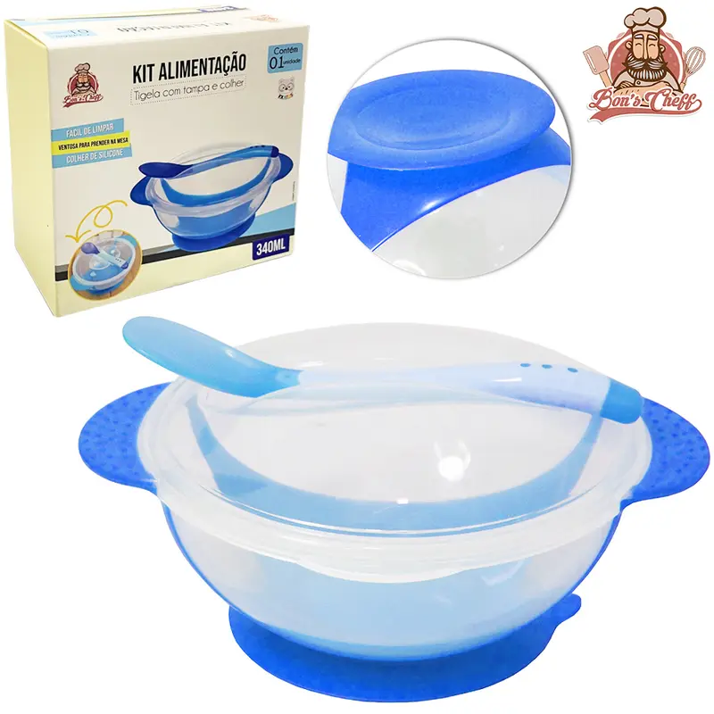 KIT ALIMENTACAO / PAPINHA TIGELA COM VENTOSA + TAMPA E COLHER PLASTICO AZUL BONS CHEFF