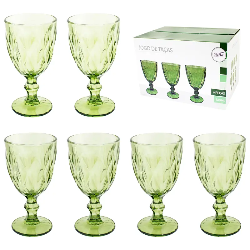 JOGO DE TACA DE VIDRO PARA AGUA / VINHO VERDE CLARO 6 PECAS 330ML
