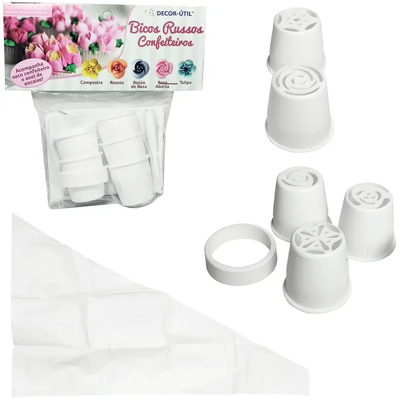 DECORADOR DE BOLO SACO DE PLASTICO PARA CONFEITAR 5 BICOS RUSSOS + ANEL BRANCO