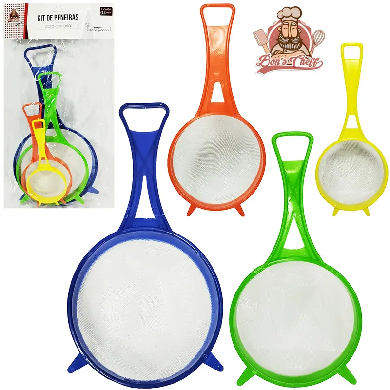PENEIRA COADOR CABO PLASTICO COM 4 PECAS 13,5/11,5/8/6CM DE Ø BONS CHEFF
