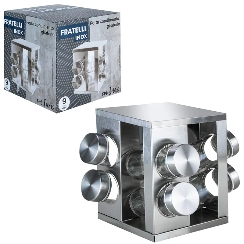 PORTA CONDIMENTO DE VIDRO/INOX COM 8 PECAS 100ML + SUPORTE GIRATORIO