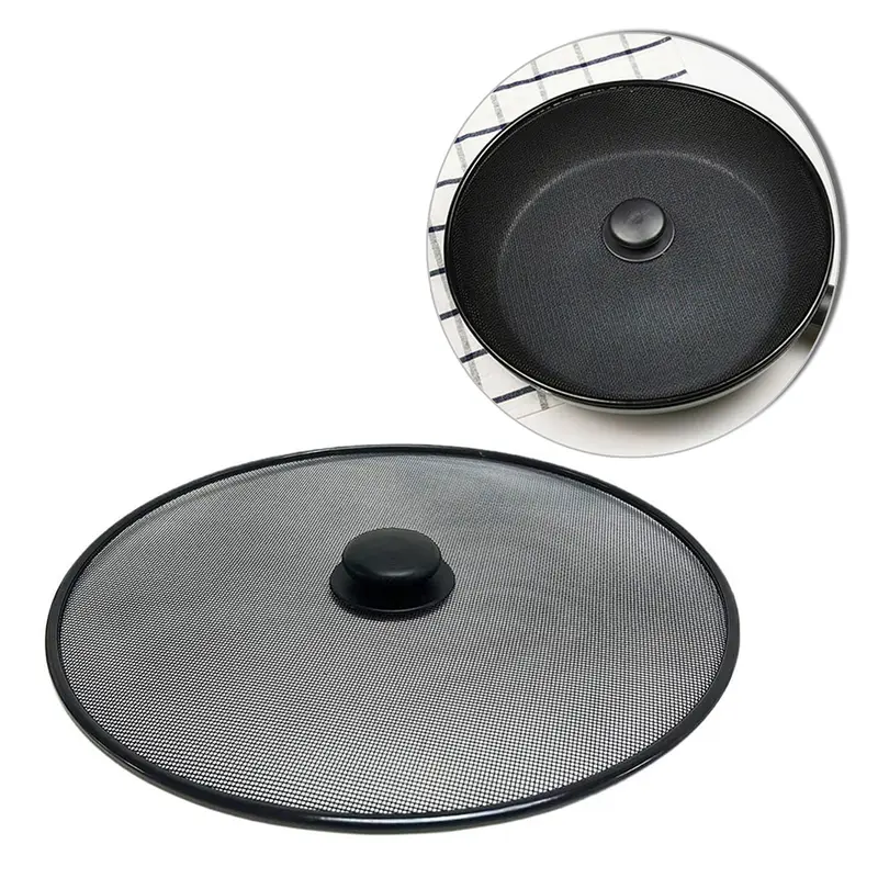 TAMPA / TELA DE METAL PARA FRITURA COM PEGADOR DE PLASTICO PRETO 19CM DE Ø