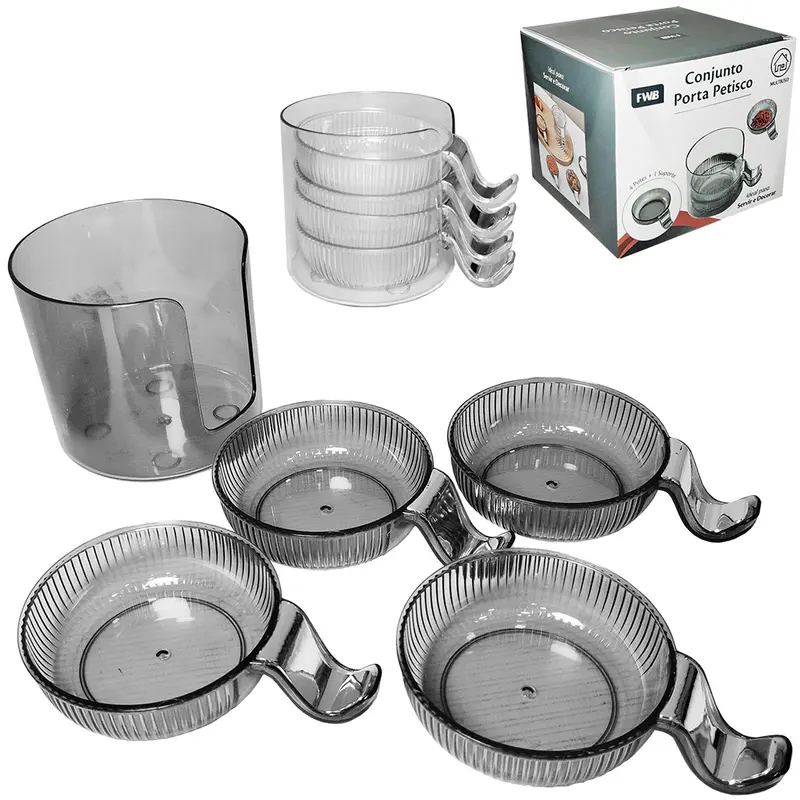 CONJUNTO PORTA PETISCO DE ACRILICO 4 POTES COM ALCA + SUPORTE TRANSCOLOR 12,5X8,5X9,5CM DE Ø