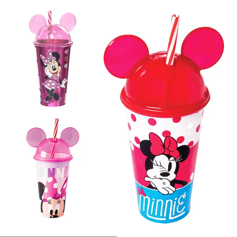 COPO COM TAMPA E CANUDO DE PLASTICO COM ORELHA MINNIE 500ML