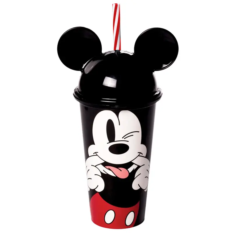 COPO COM TAMPA E CANUDO DE PLASTICO COM ORELHA MICKEY 500ML
