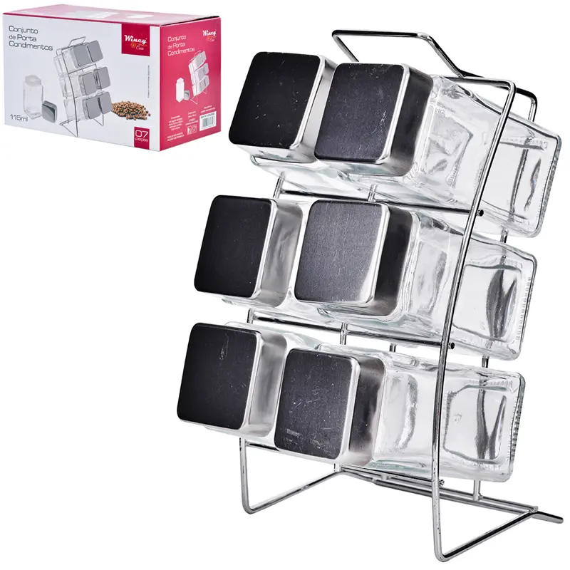 PORTA CONDIMENTO DE VIDRO COM 6 PECAS 115ML + SUPORTE ARAMADO CROMADO
