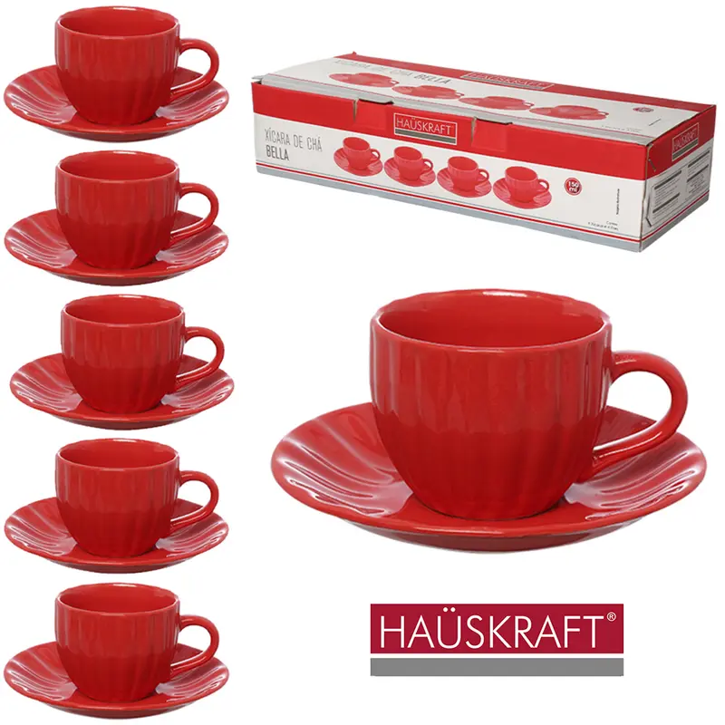 JOGO DE XICARA DE PORCELANA COM PIRES PARA CHA BELLA VERMELHO HAUSKRAFT 8 PECAS 150ML