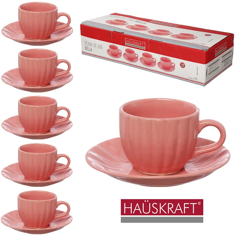 JOGO DE XICARA DE PORCELANA COM PIRES PARA CHA BELLA ROSA HAUSKRAFT 8 PECAS 150ML
