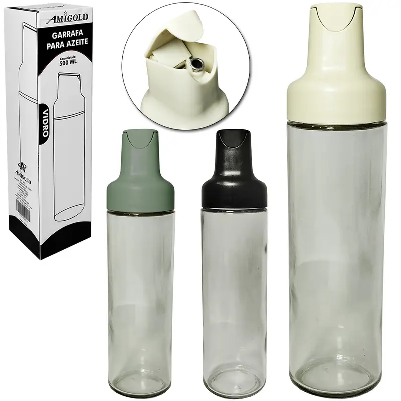 AZEITEIRO/VINAGREIRO DE VIDRO COM BICO DOSADOR PLASTICO ABRE E FECHA AUTOMATICA 500ML