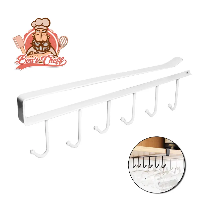 SUPORTE ORGANIZADOR ARAMADO PARA PRATELEIRA COM 6 GANCHOS BRANCO 26X7CM