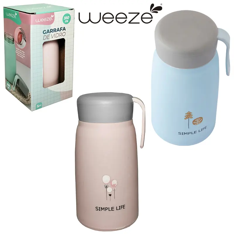 GARRAFA DE VIDRO REVESTIDO DE PLASTICO SIMPLE LIFE COM TAMPA ROSCA + ALCA DE SILICONE WEEZE 350ML