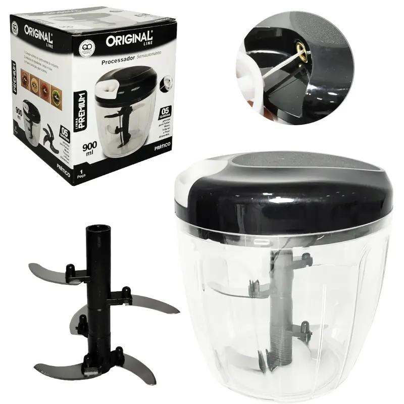 PROCESSADOR DE ALIMENTOS MANUAL A CORDA COM 5 LAMINAS DE INOX PREMIUM PRETO 900ML 14X13CM DE Ø