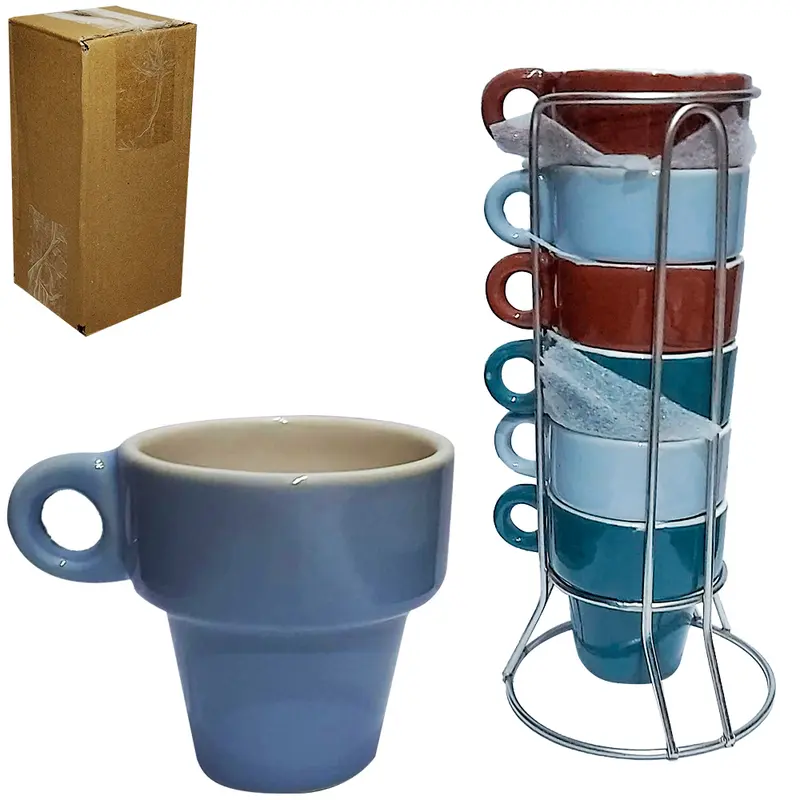 JOGO DE XICARA DE PORCELANA EMPILHAVEL PARA CAFE 6 PECAS 50ML + SUPORTE ARAMADO 19X8,5CM DE Ø