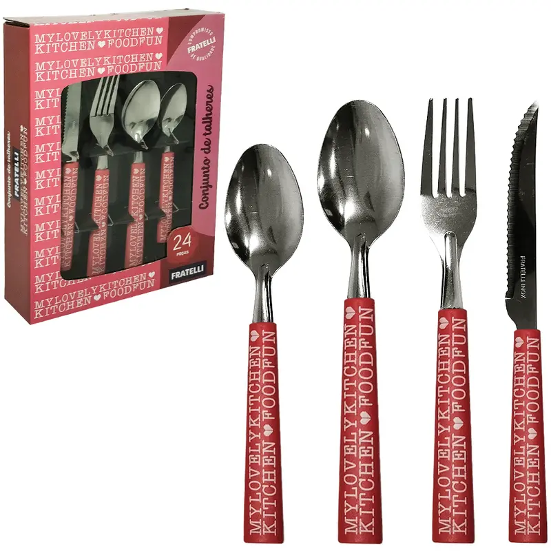 CONJUNTO DE TALHERES / FAQUEIRO DE INOX COM 24 PECAS CABO PLASTICO VERMELHO DECORADO